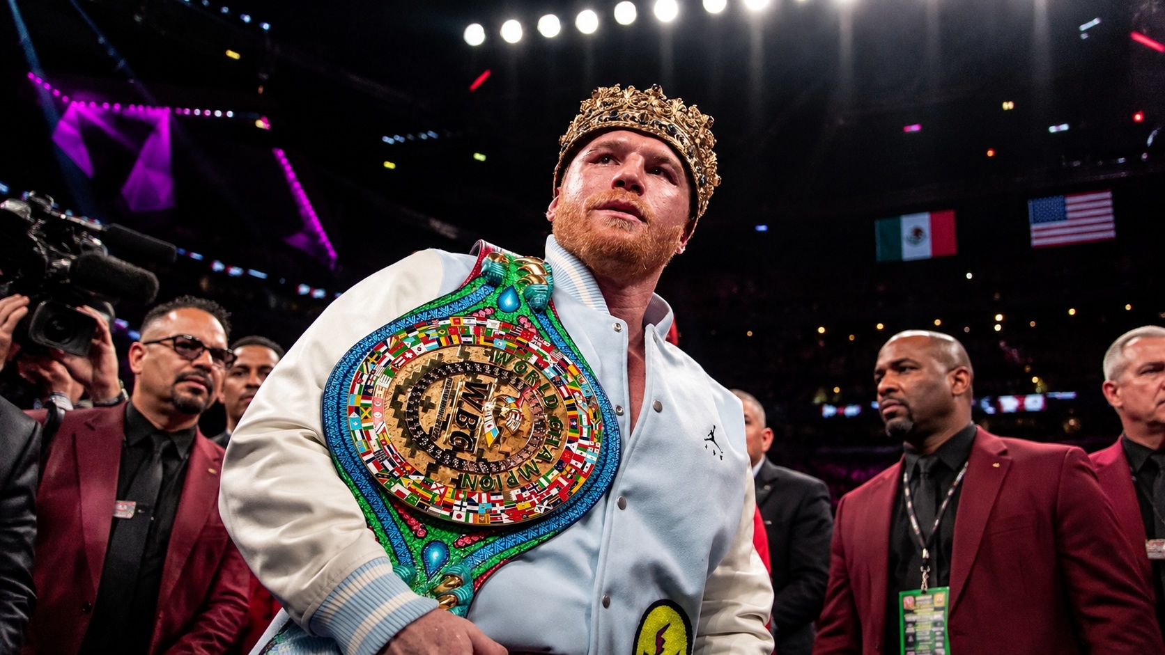 Canelo Alvarez wearing his crown and WBC championship belt