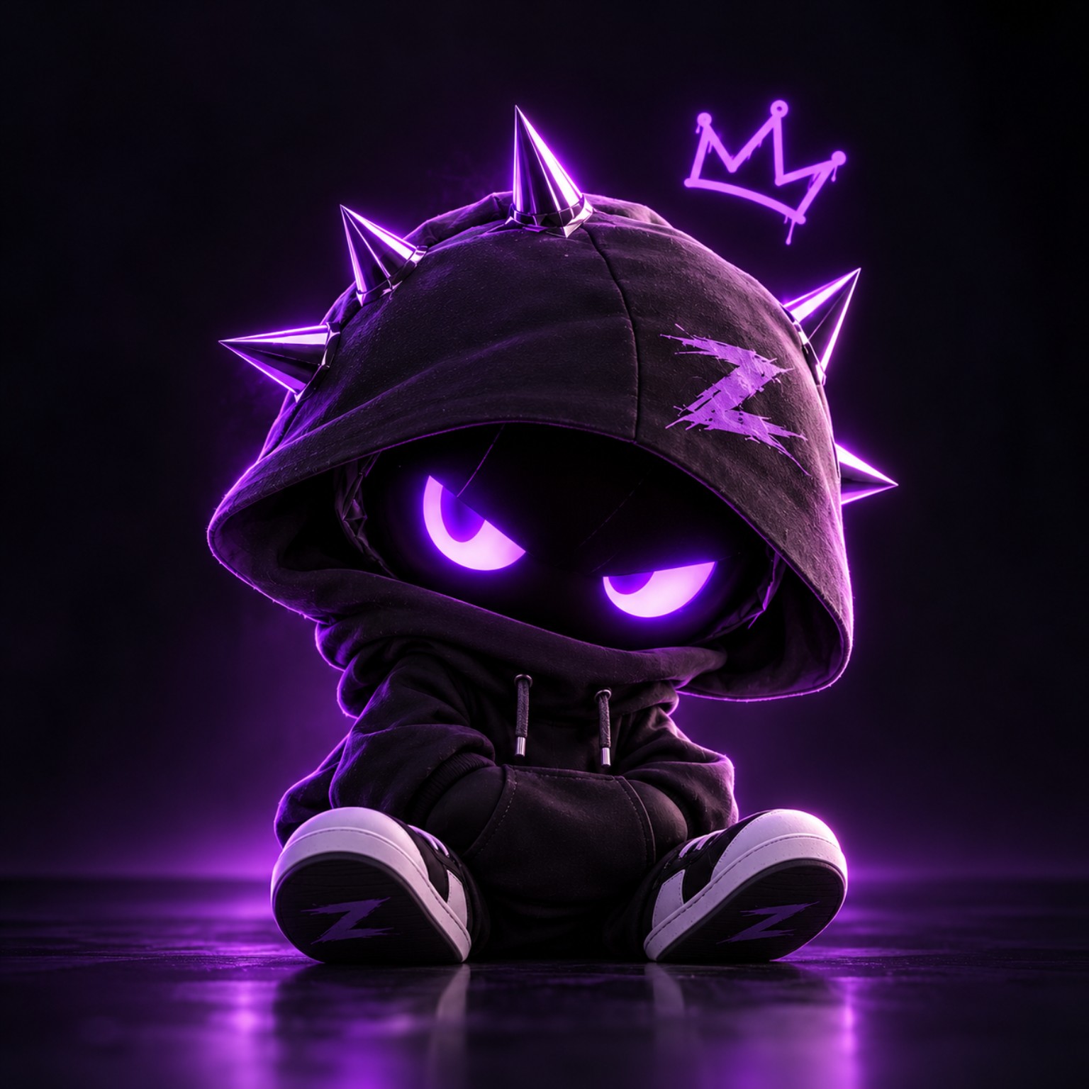 Zyro, the ZOGRATISX hooded mascot with glowing violet eyes and crown
